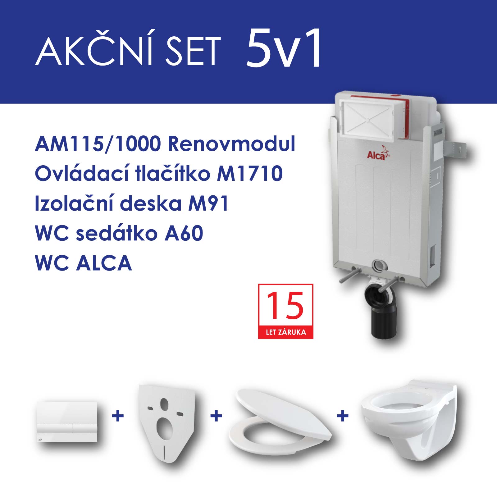 Alcadrain WC set 5v1 Renovmodul AM115+tlačítko M1710+sedátko+WC mísa ALCA
