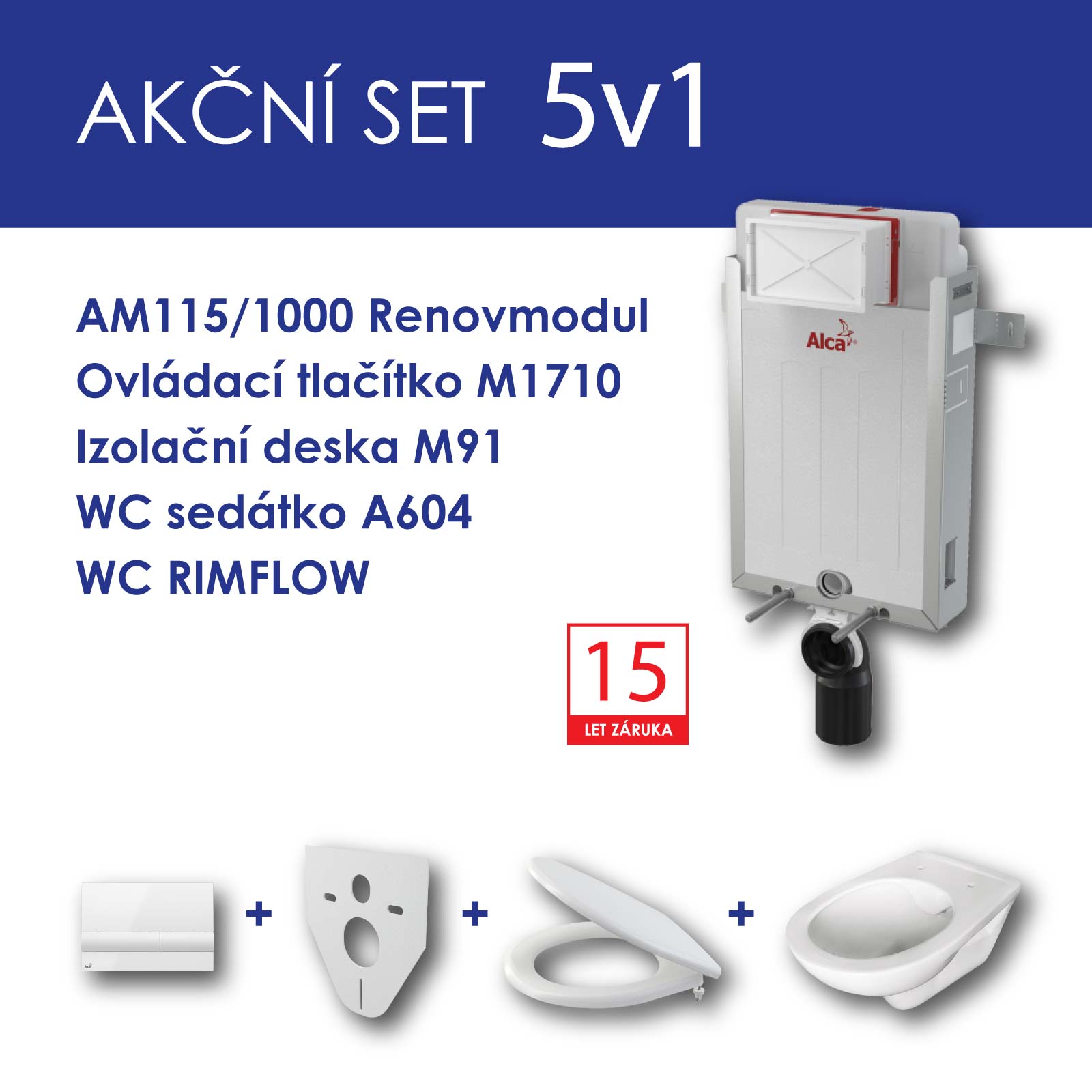 Alcadrain WC set 5v1 Renovmodul AM115+tlačítko M1710+sedátko soft close+WC mísa RIMFLOW
