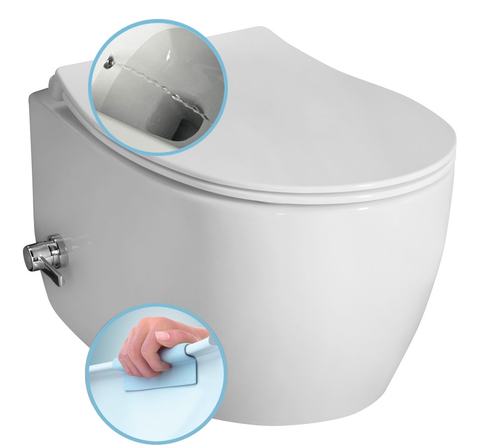 SENTIMENTI CLEANWASH závěsná WC mísa, Rimless, integrovaný ventil a bidet. sprška, 36x51cm