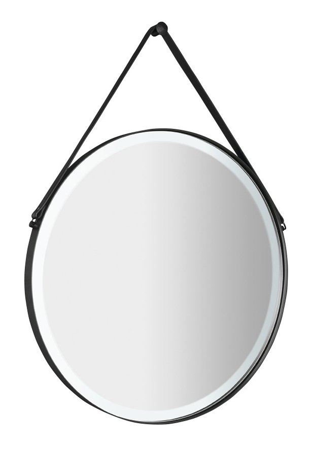 ORBITER kulaté zrcadlo s LED osvětlením o 60cm, kožený pásek, černá mat
