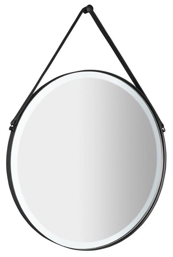 ORBITER kulaté zrcadlo s LED osvětlením o 70cm, kožený pásek, černá mat