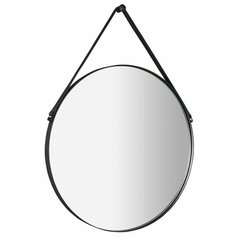 ORBITER kulaté zrcadlo s koženým páskem o 70cm, černá mat