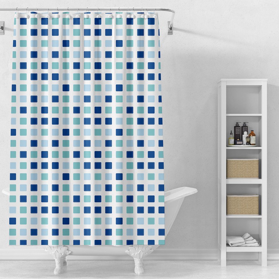 Sprchový závěs 180x180cm, vinyl, bílá, modré kostky
